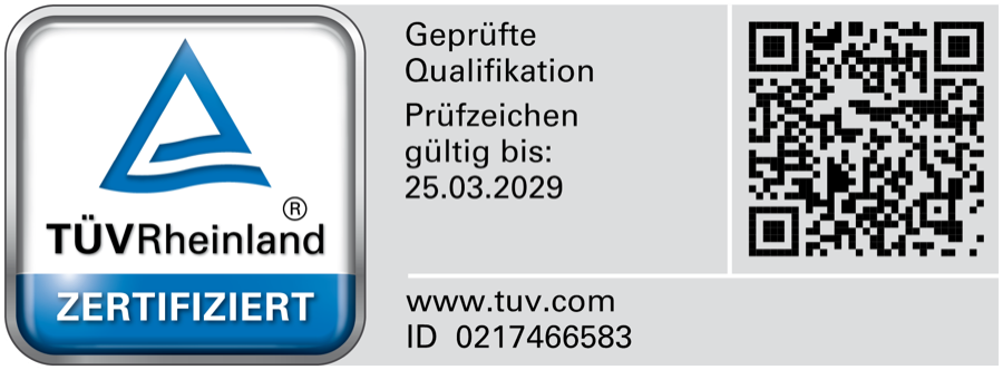 TÜV Rheinland certified qualification mark, valid until 25.03.2029